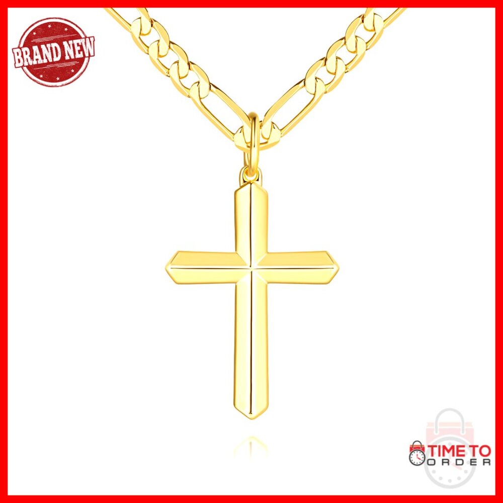 14k Gold Plated Cross Necklace For Men, Geometric Facets, 20-24in Chain